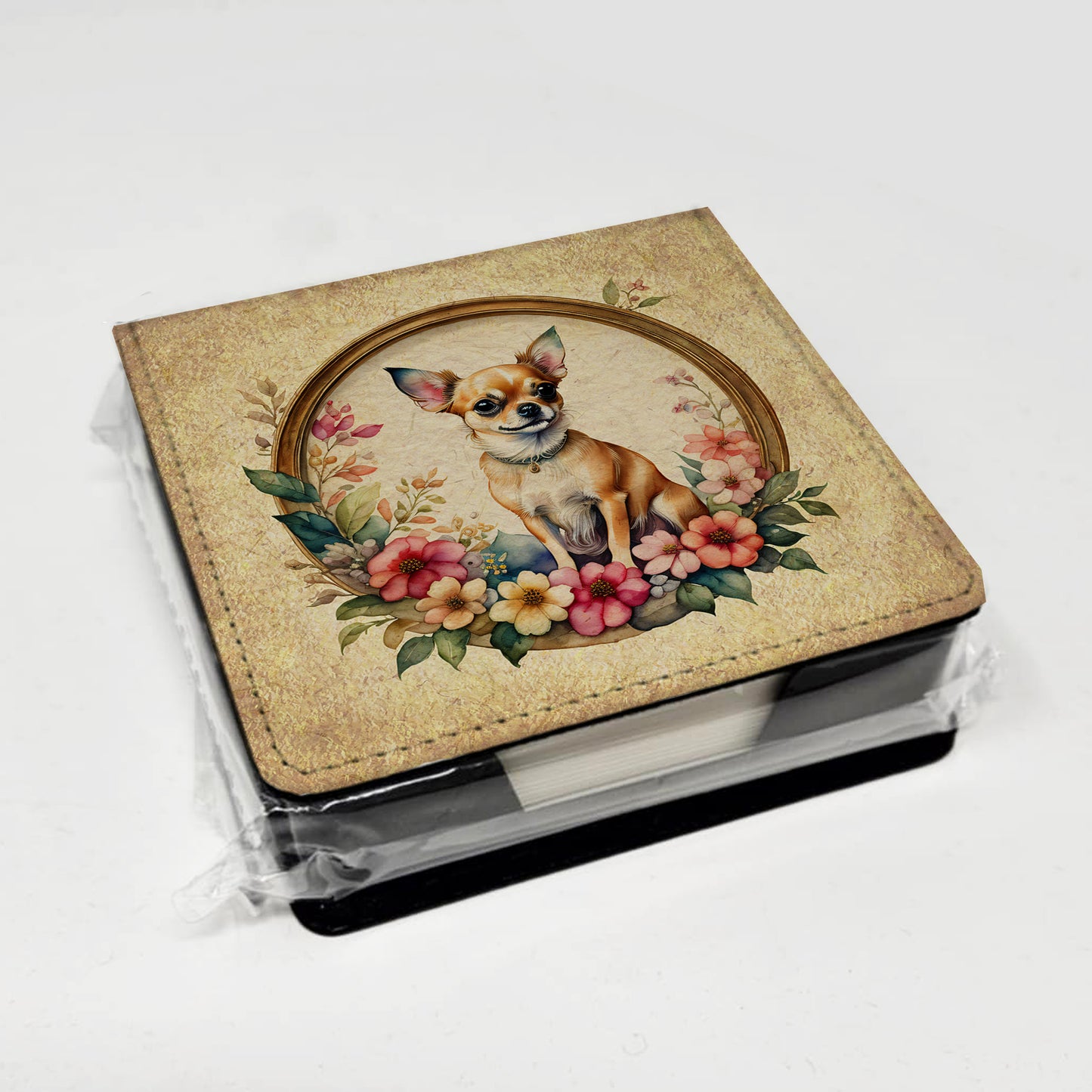 Chihuahua and Flowers PU Leather Note Paper Holder