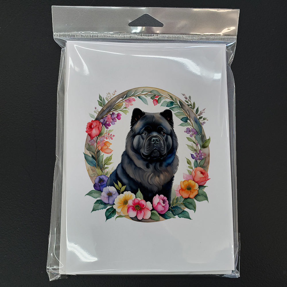 Black Chow Chow and Flowers Greeting Cards Pack of 8