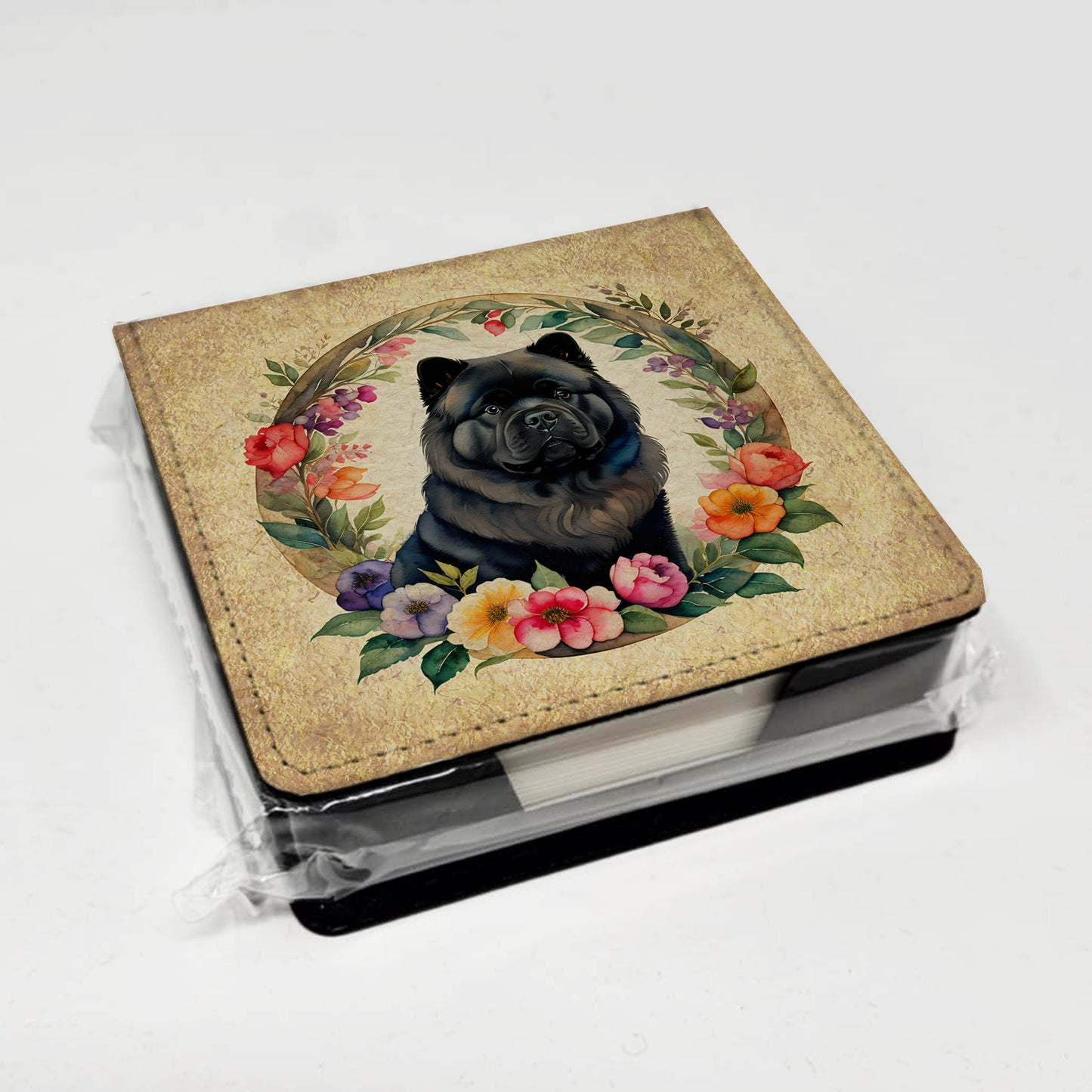 Black Chow Chow and Flowers PU Leather Note Paper Holder