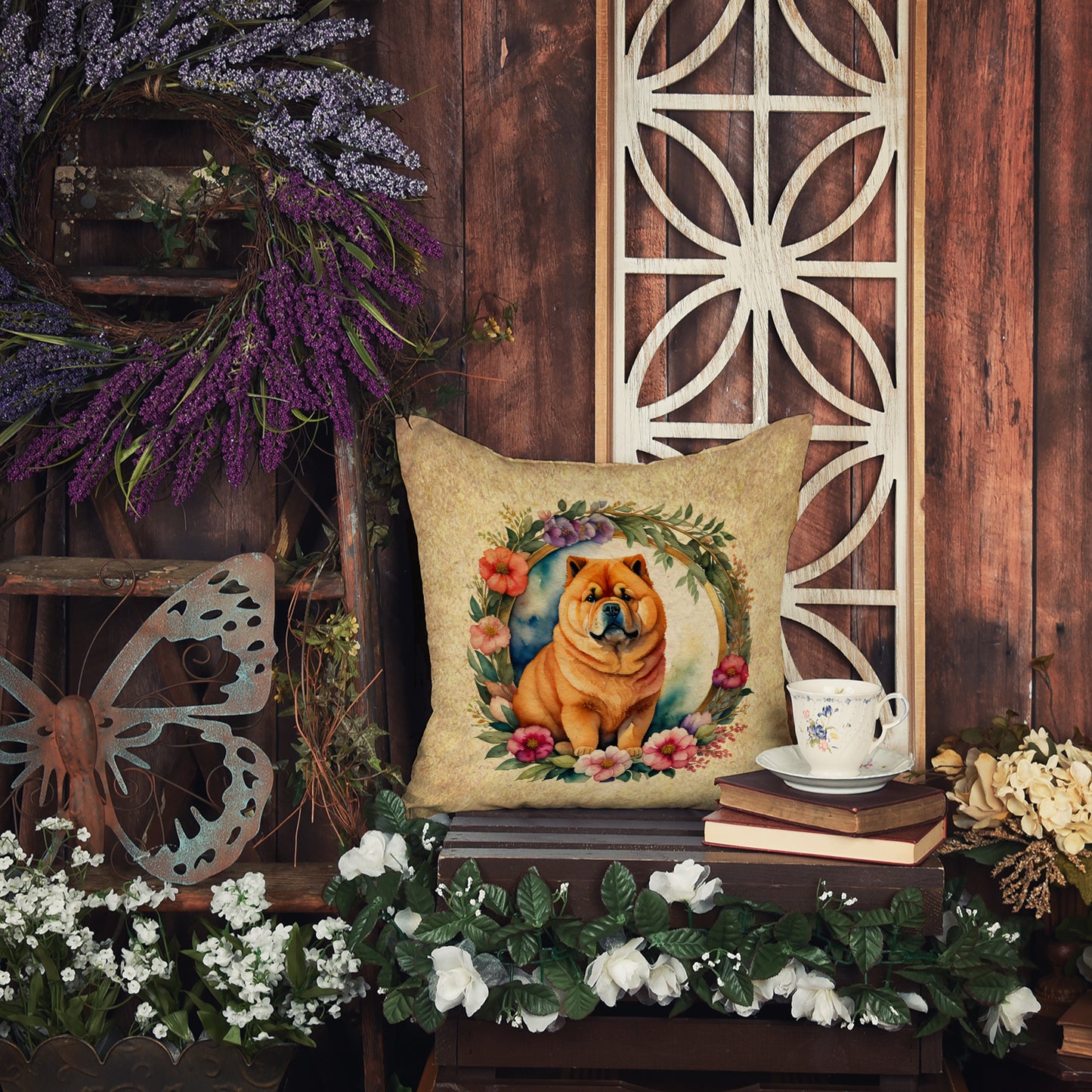 Chow Chow and Flowers Throw Pillow