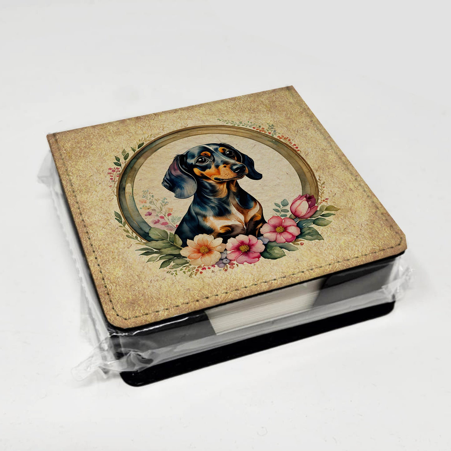 Dachshund and Flowers PU Leather Note Paper Holder