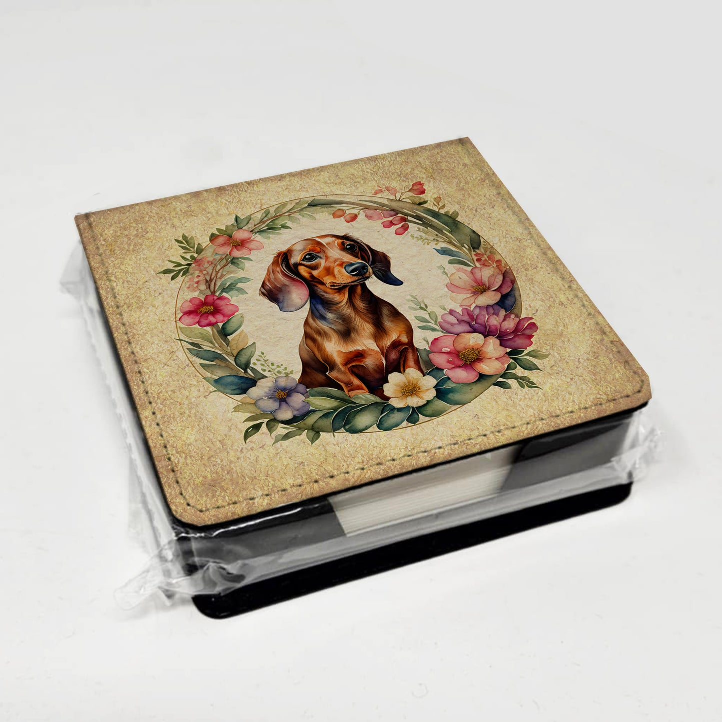 Dachshund and Flowers PU Leather Note Paper Holder