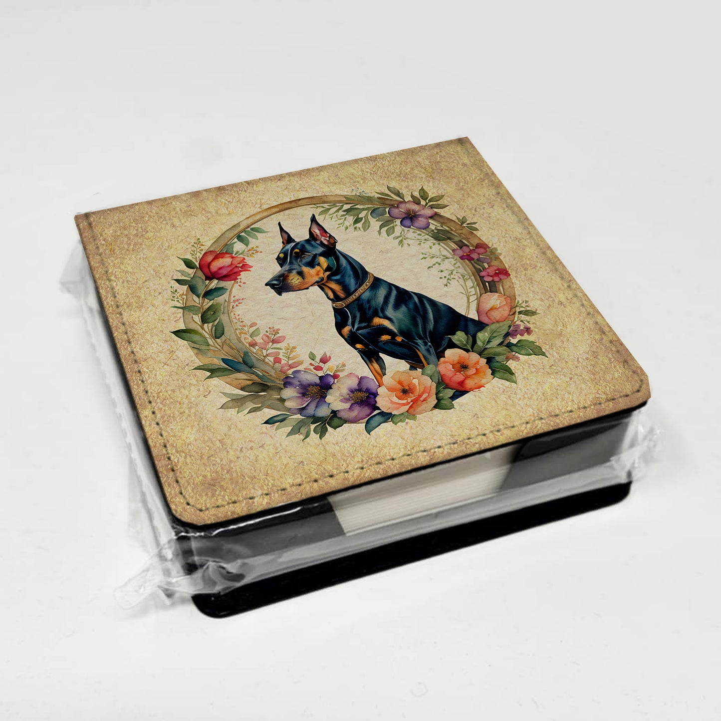 Doberman Pinscher and Flowers PU Leather Note Paper Holder