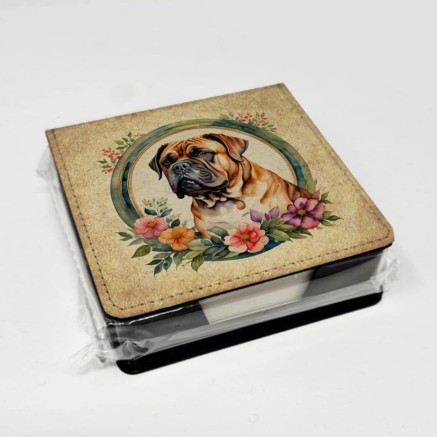 Dogue de Bordeaux and Flowers PU Leather Note Paper Holder