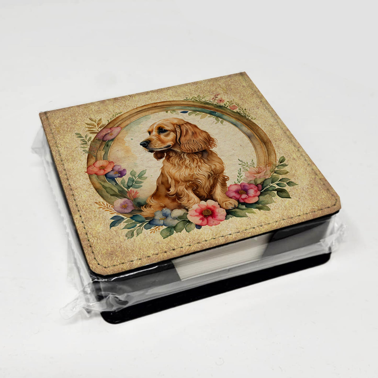 English Cocker Spaniel and Flowers PU Leather Note Paper Holder