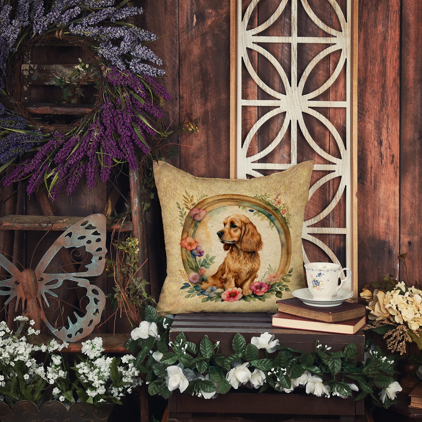 English Cocker Spaniel and Flowers Throw Pillow