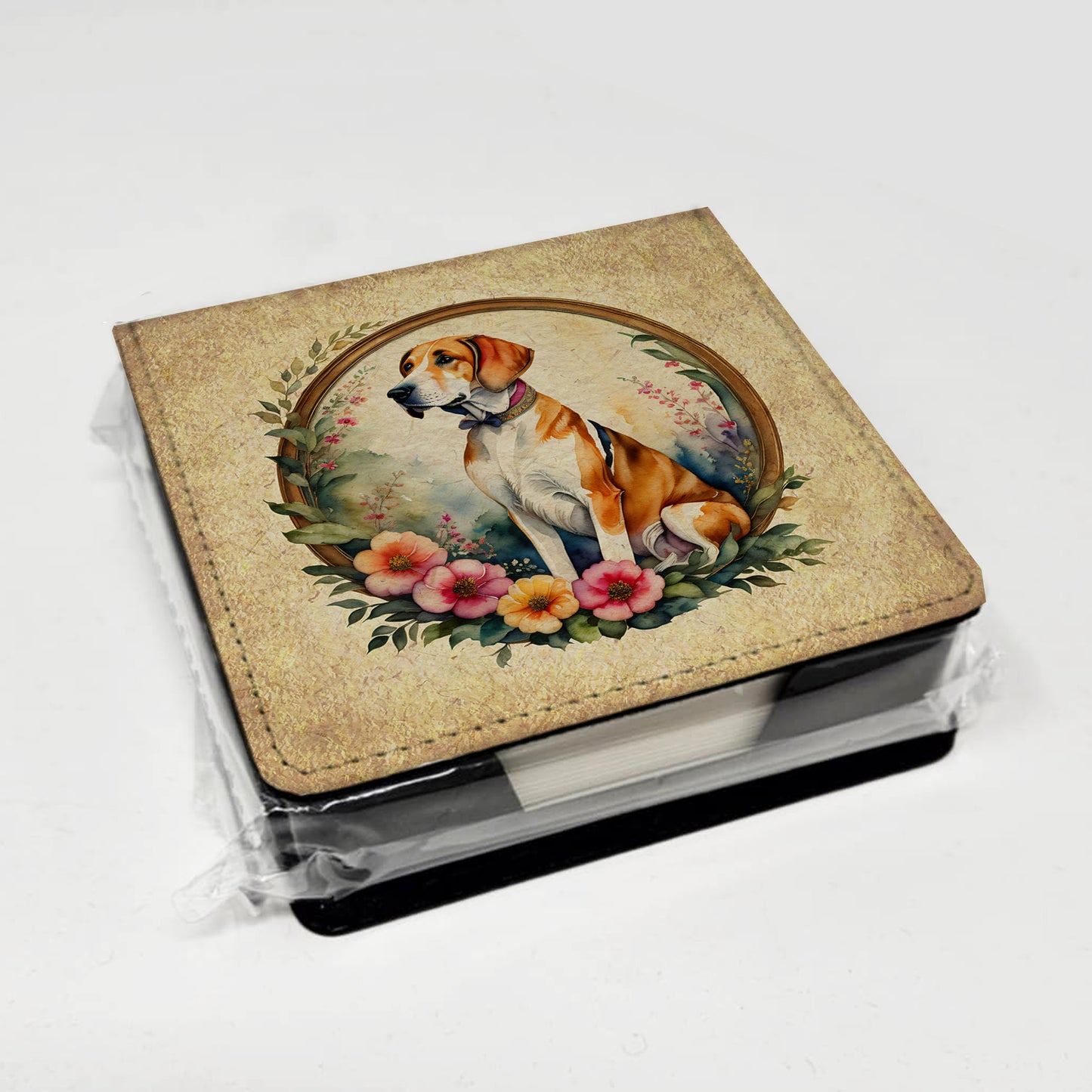 English Foxhound and Flowers PU Leather Note Paper Holder