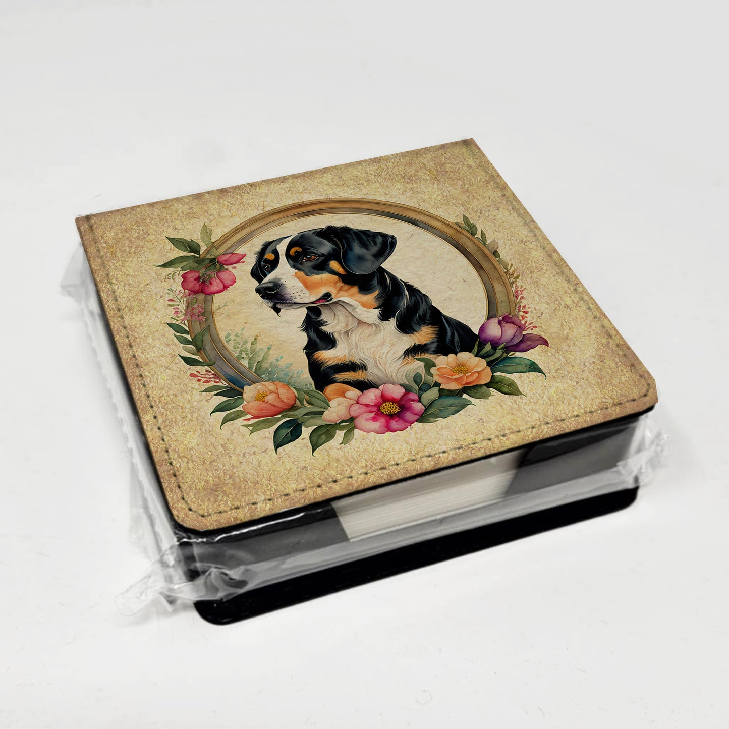 Entlebucher Mountain Dog and Flowers PU Leather Note Paper Holder