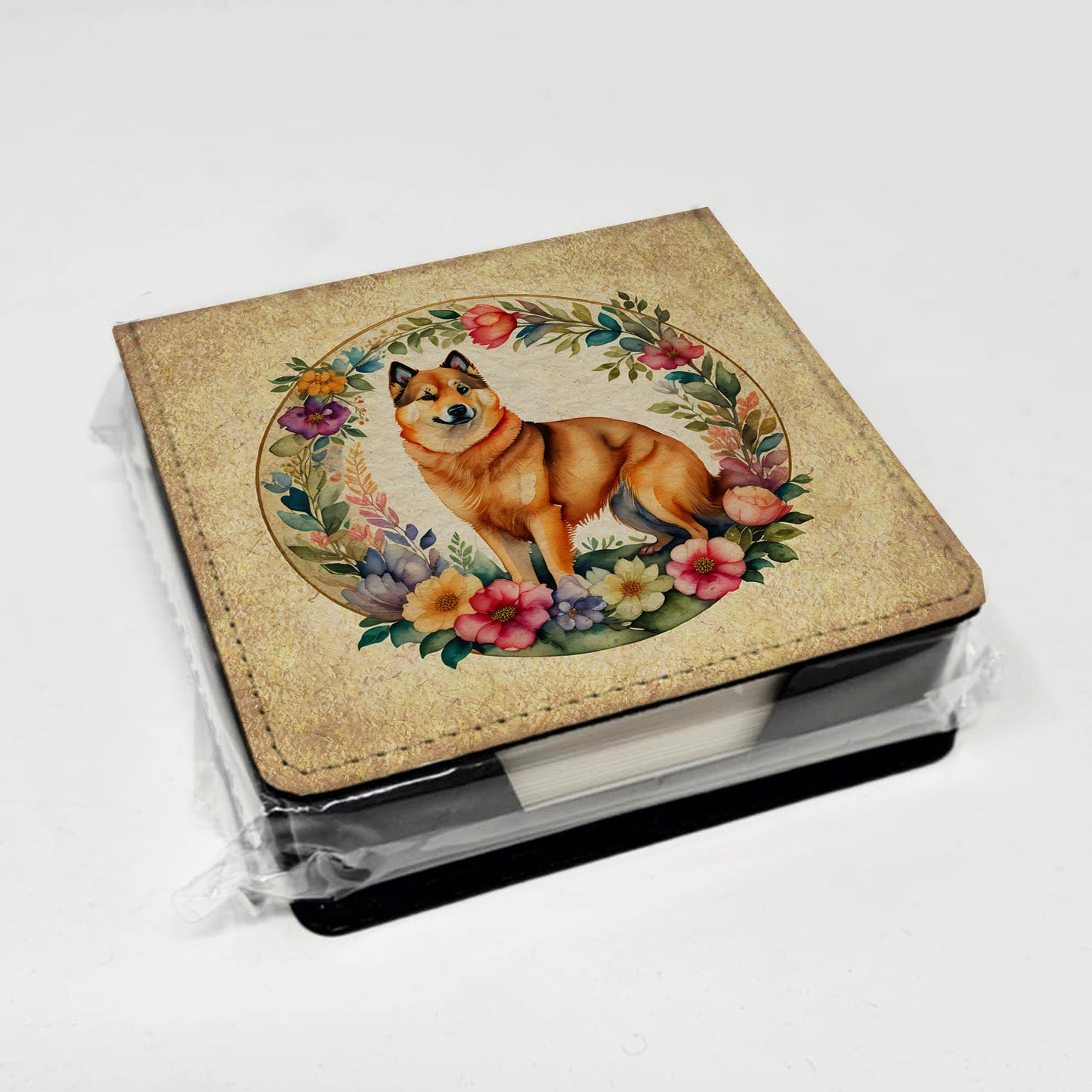 Finnish Spitz and Flowers PU Leather Note Paper Holder