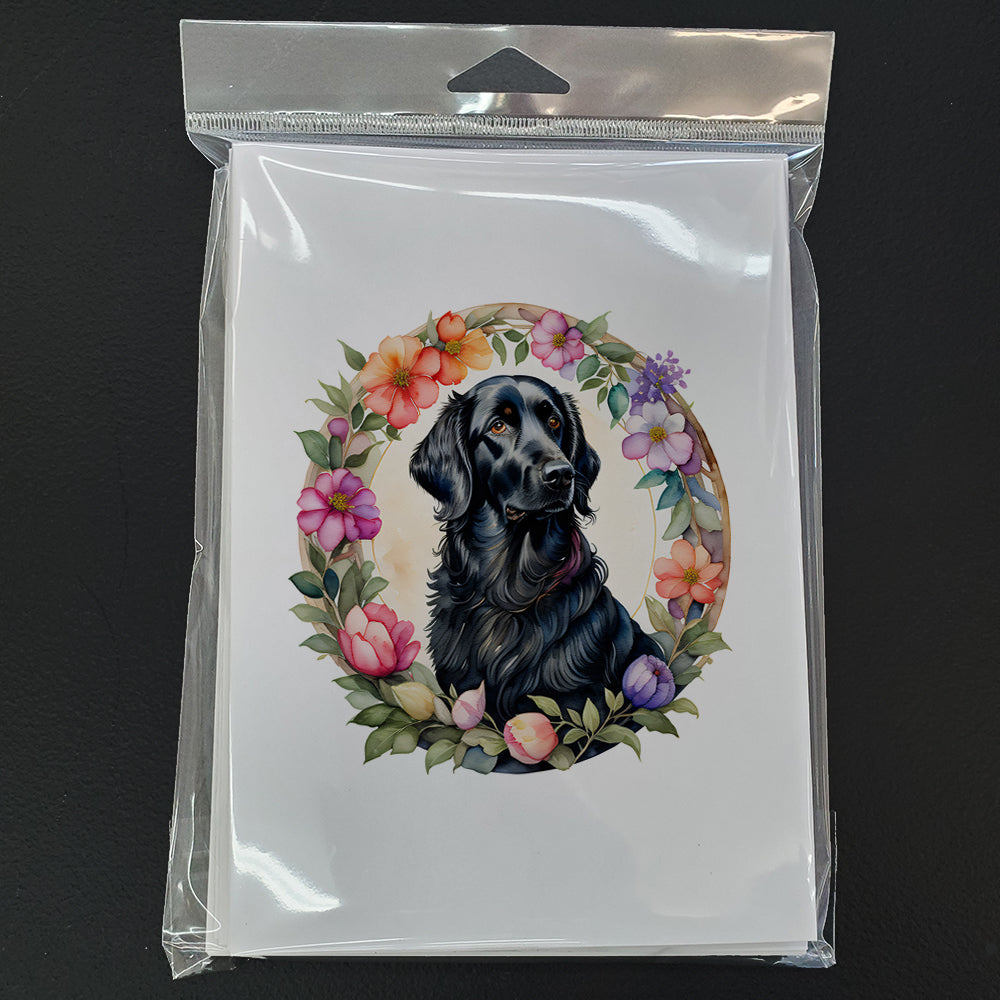 Flat-Coated Retriever and Flowers Greeting Cards Pack of 8