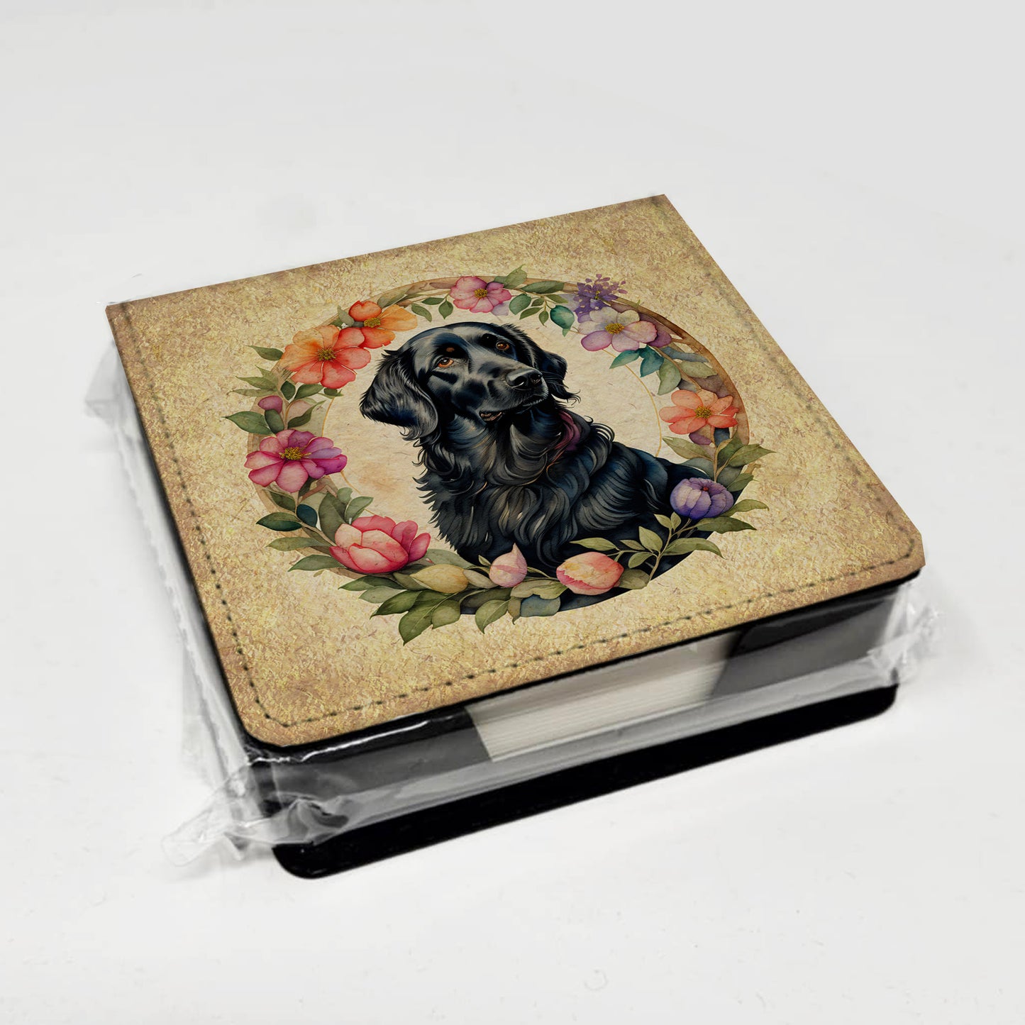 Flat-Coated Retriever and Flowers PU Leather Note Paper Holder