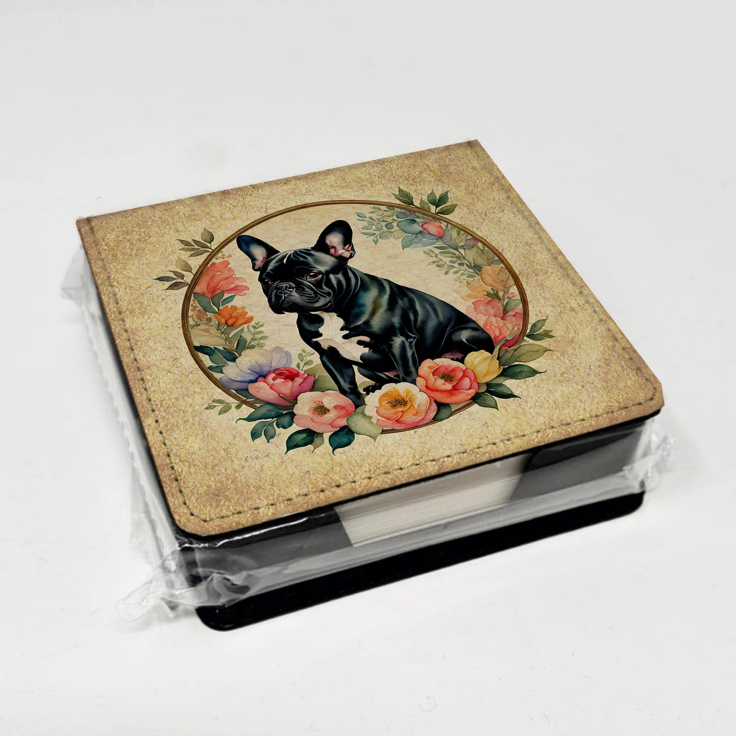 Black French Bulldog and Flowers PU Leather Note Paper Holder