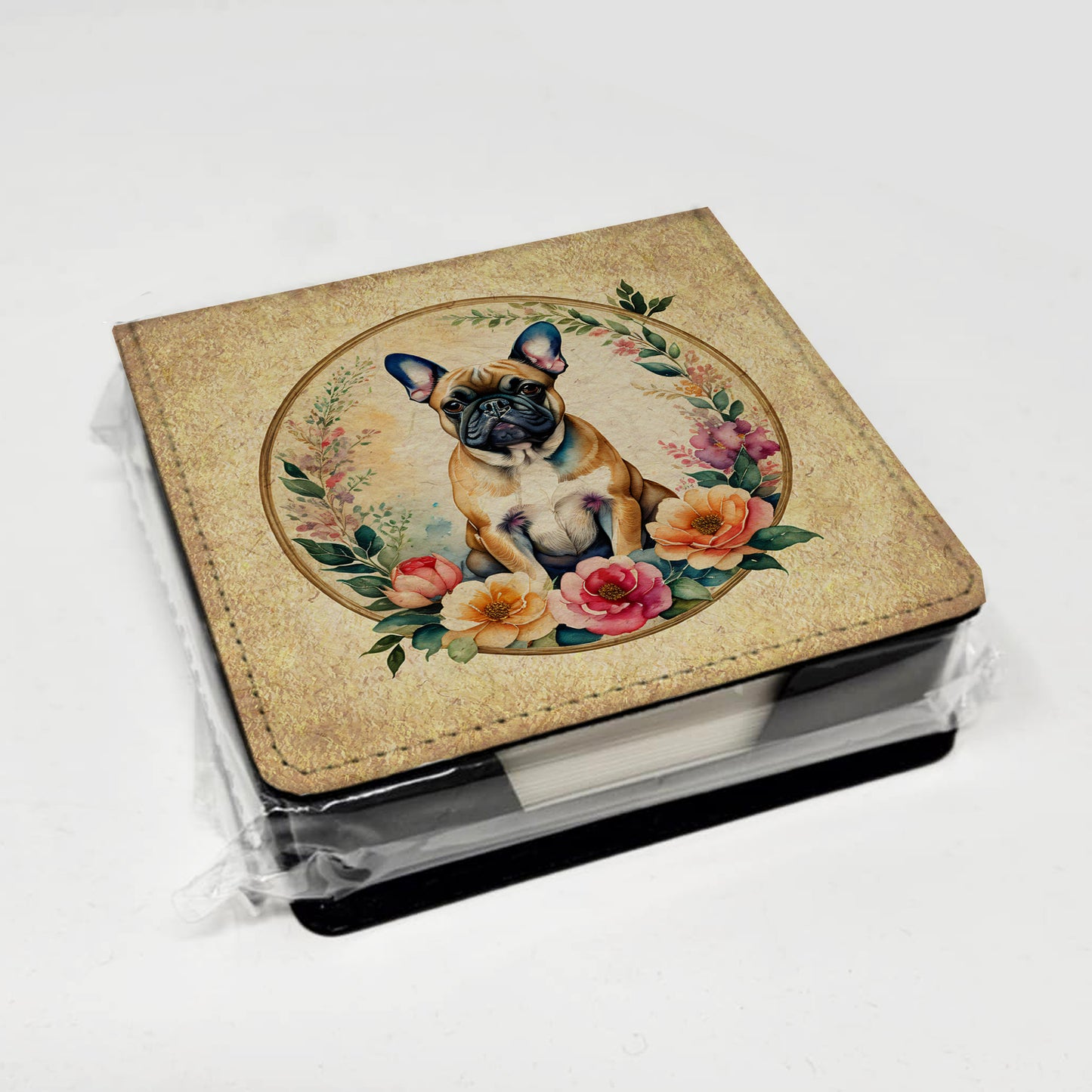 Fawn French Bulldog and Flowers PU Leather Note Paper Holder