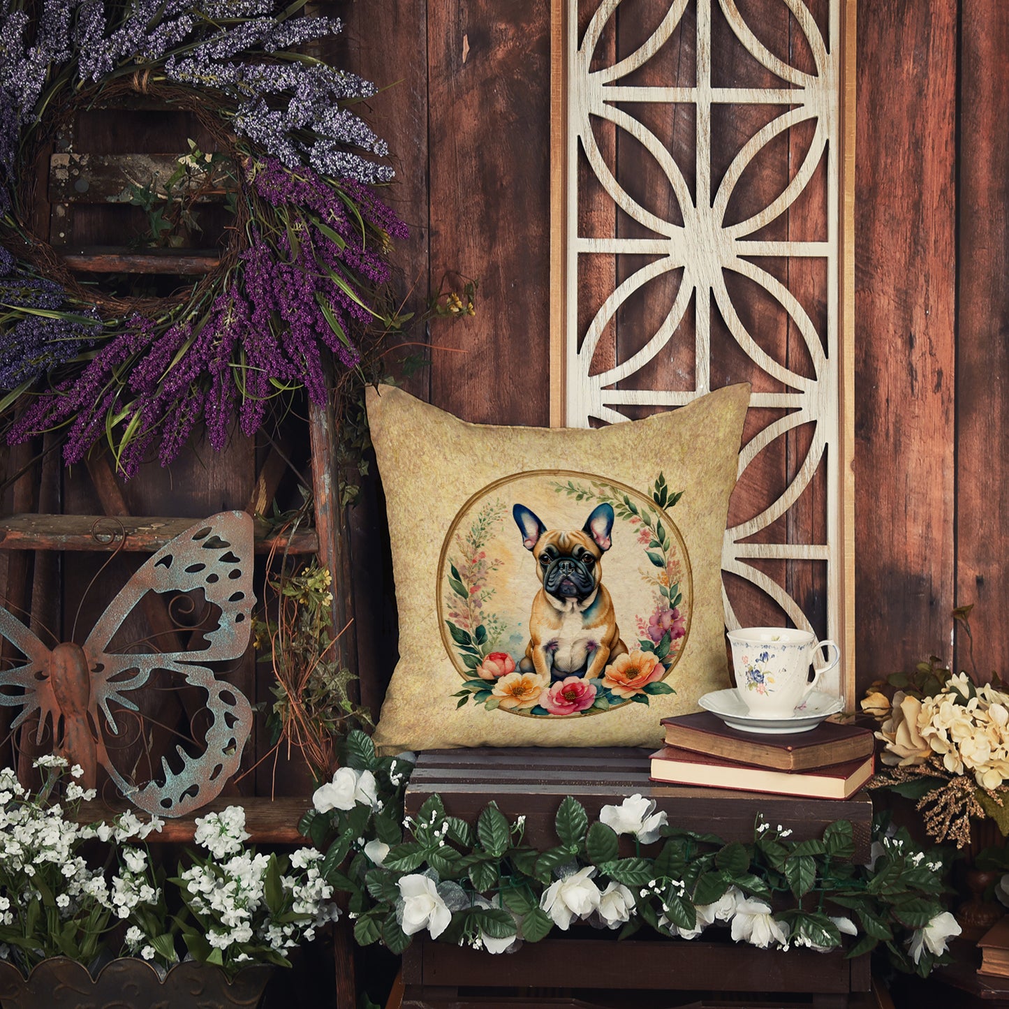 Fawn French Bulldog and Flowers Throw Pillow
