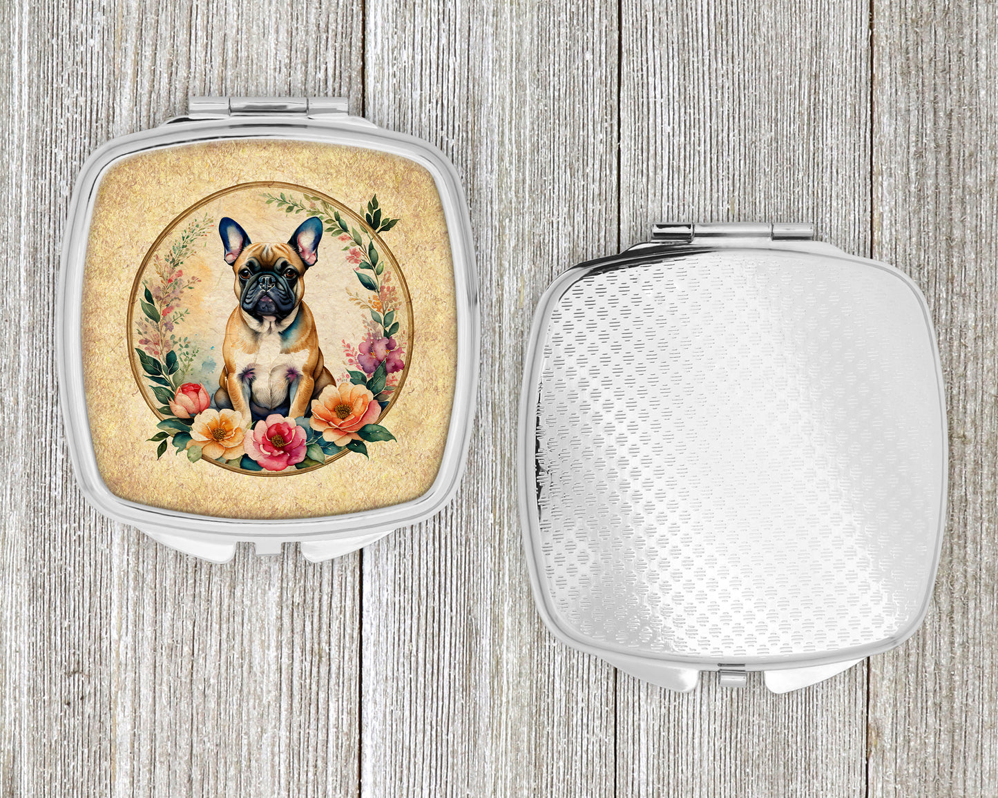 Fawn French Bulldog and Flowers Compact Mirror