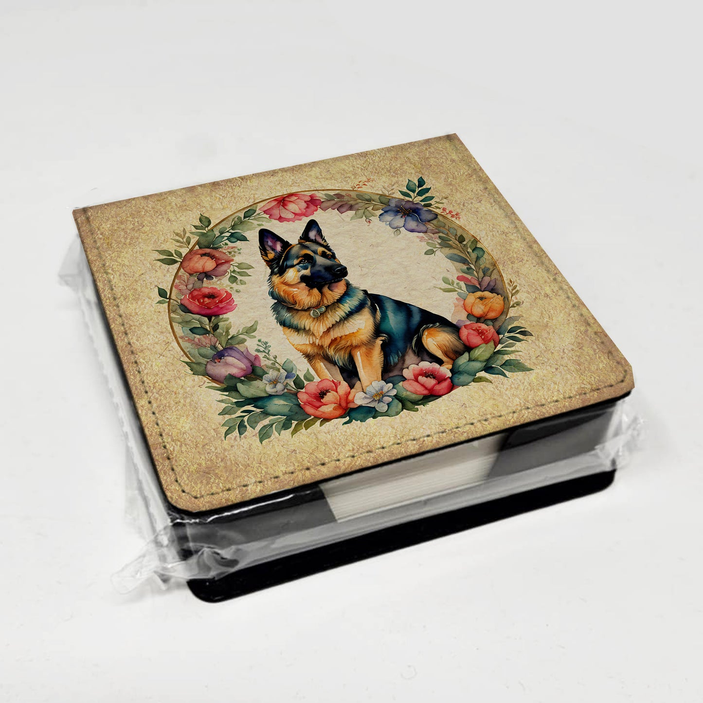 German Shepherd and Flowers PU Leather Note Paper Holder