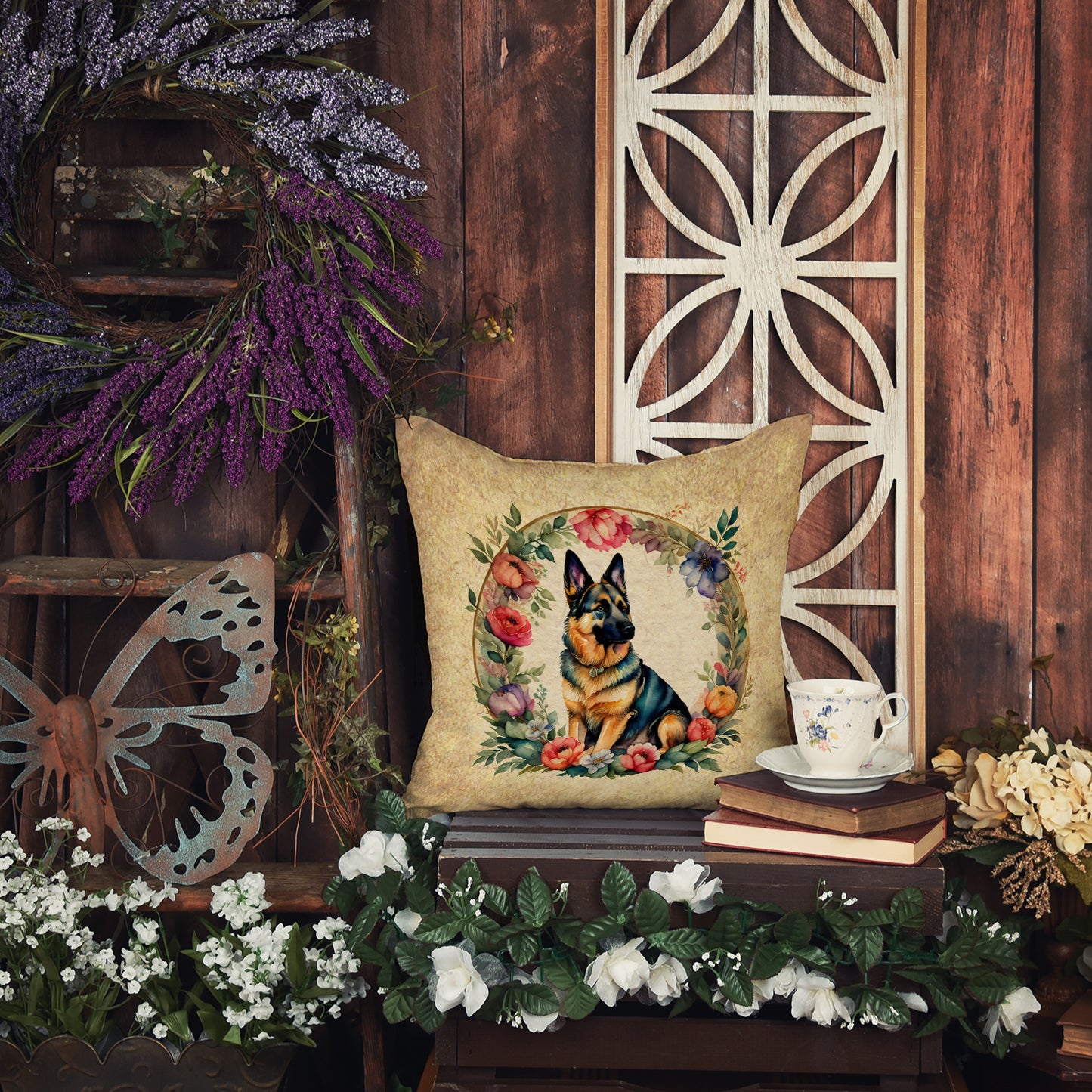 German Shepherd and Flowers Throw Pillow