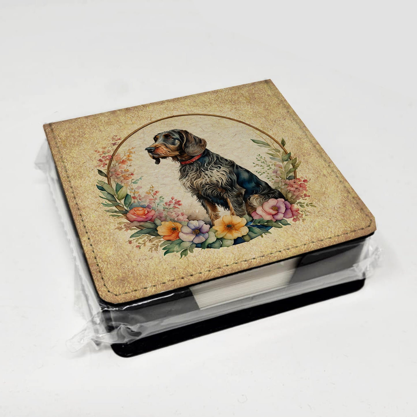 German Wirehaired Pointer and Flowers PU Leather Note Paper Holder
