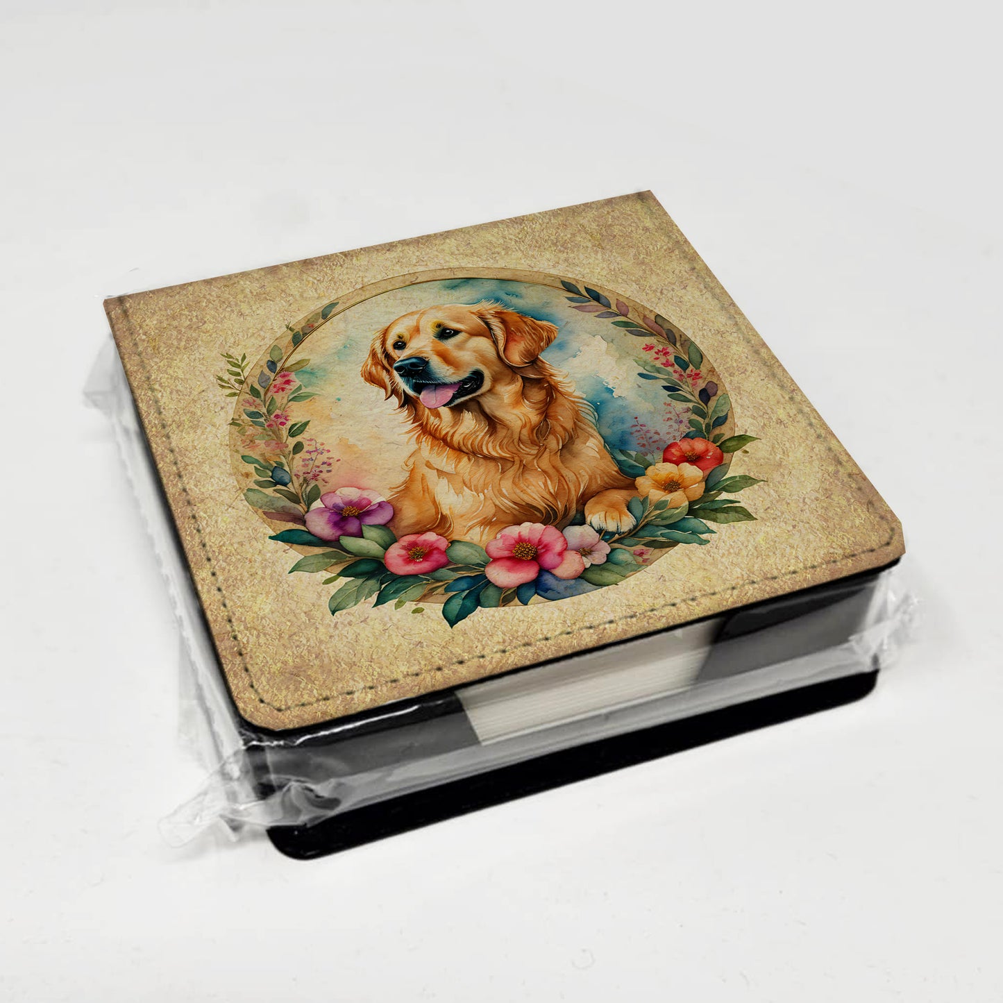 Golden Retriever and Flowers PU Leather Note Paper Holder