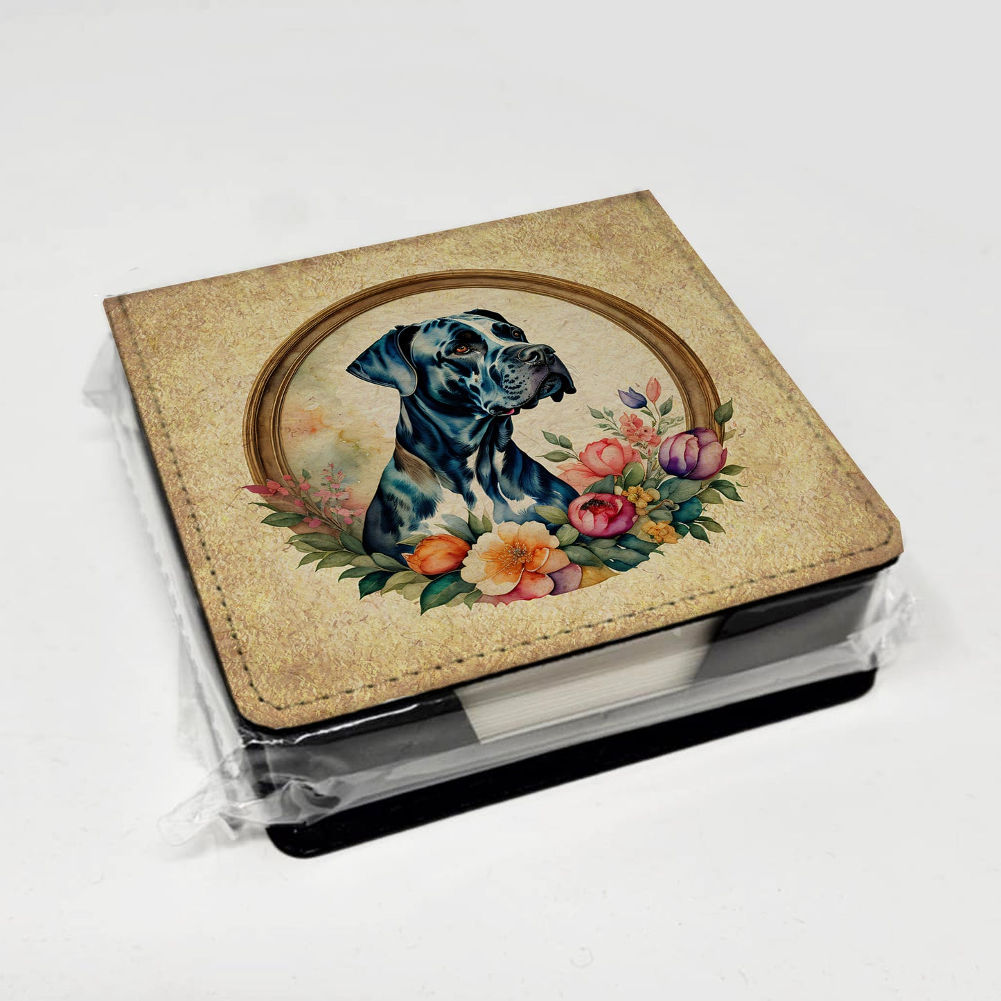 Great Dane and Flowers PU Leather Note Paper Holder