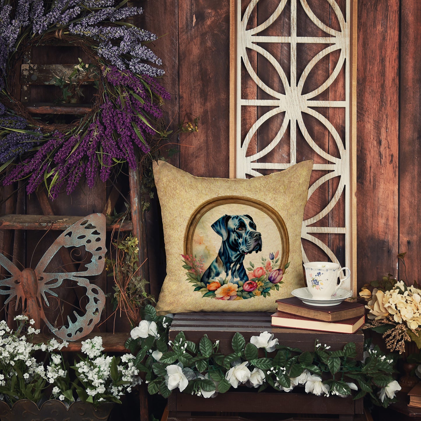 Great Dane and Flowers Throw Pillow