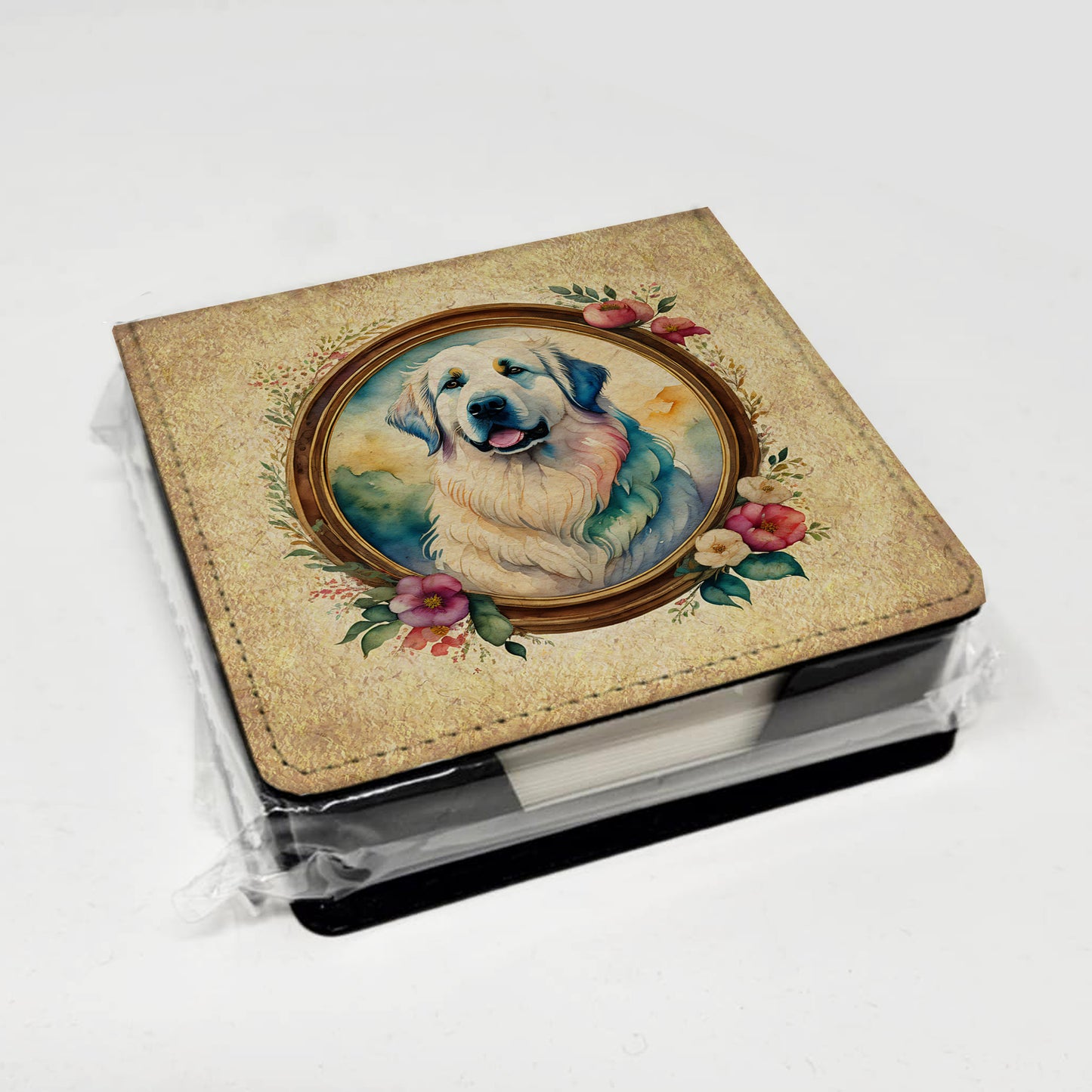 Great Pyrenees and Flowers PU Leather Note Paper Holder