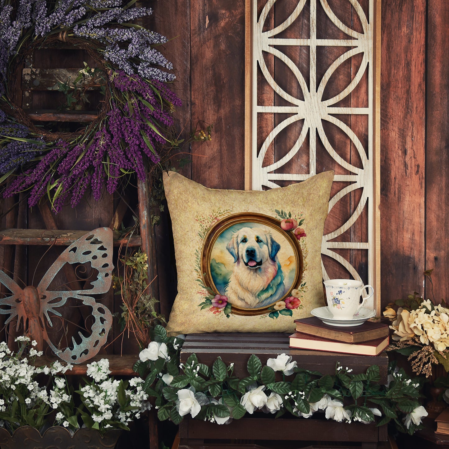 Great Pyrenees and Flowers Throw Pillow