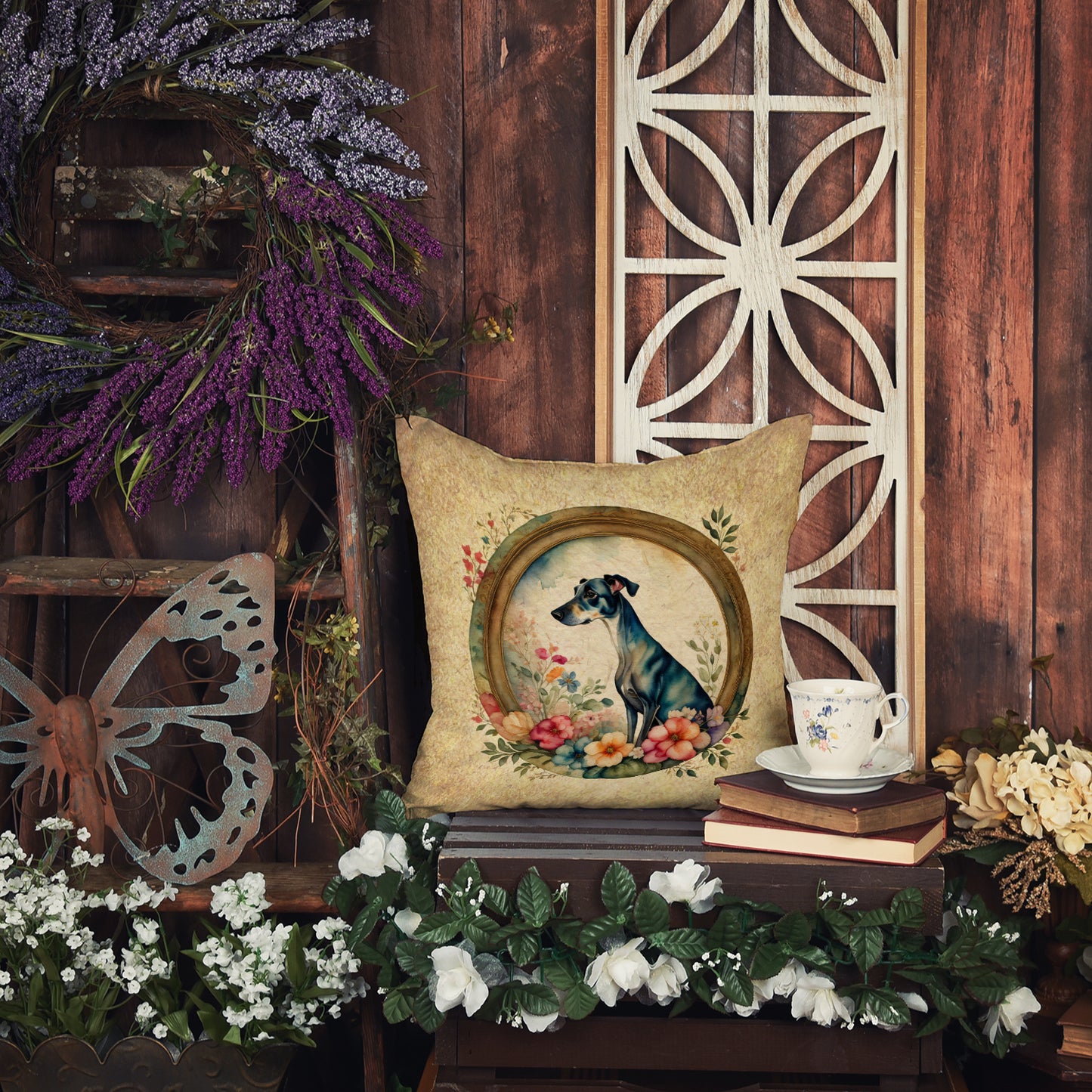 Greyhound and Flowers Throw Pillow