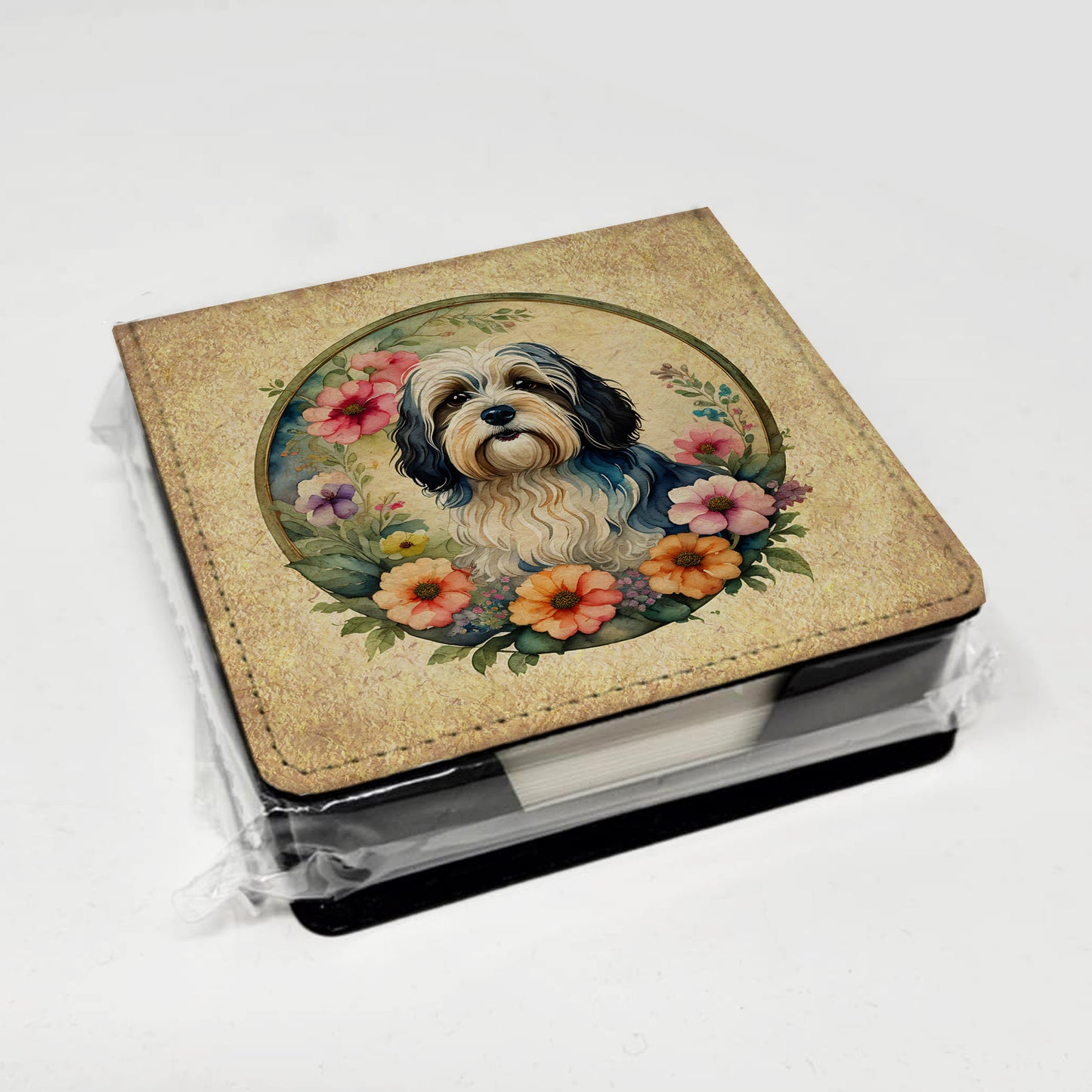 Havanese and Flowers PU Leather Note Paper Holder