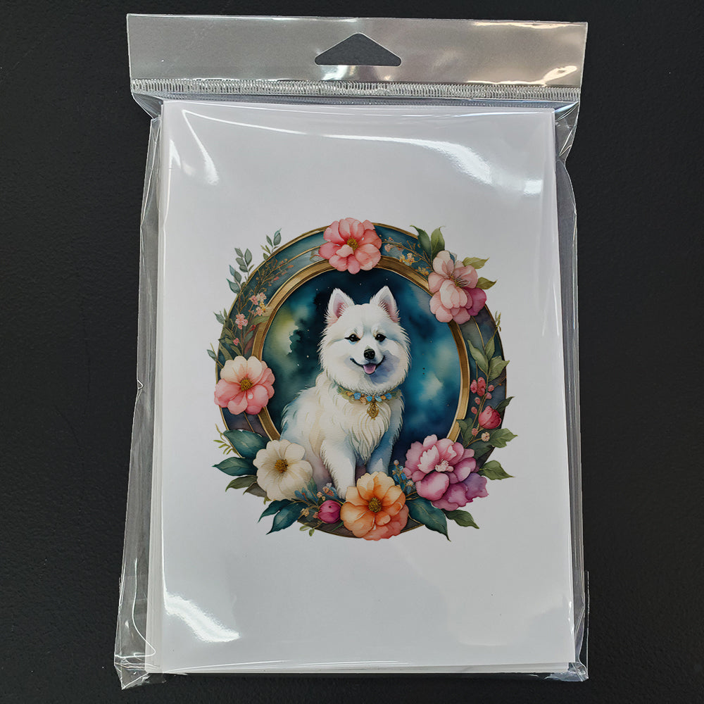 Japanese Spitz and Flowers Greeting Cards Pack of 8