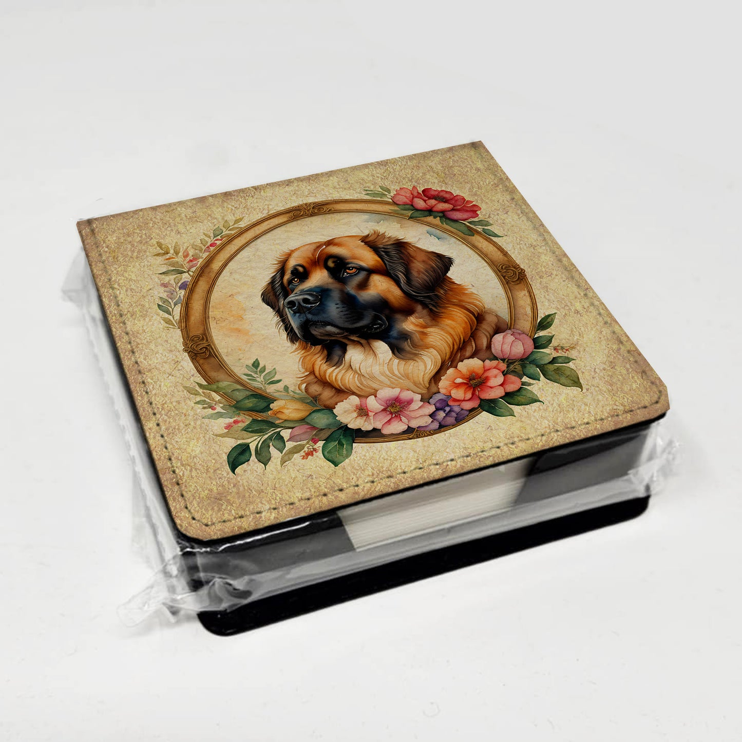 Leonberger and Flowers PU Leather Note Paper Holder