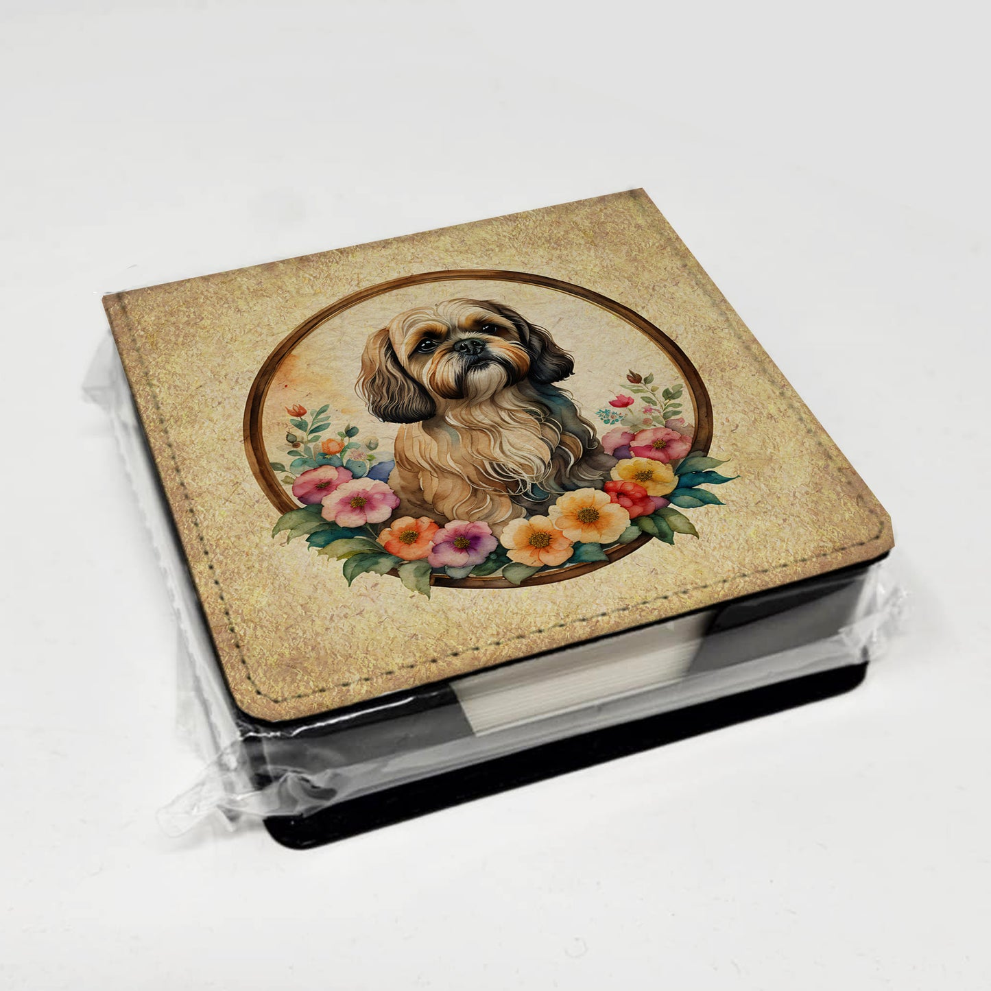 Lhasa Apso and Flowers PU Leather Note Paper Holder