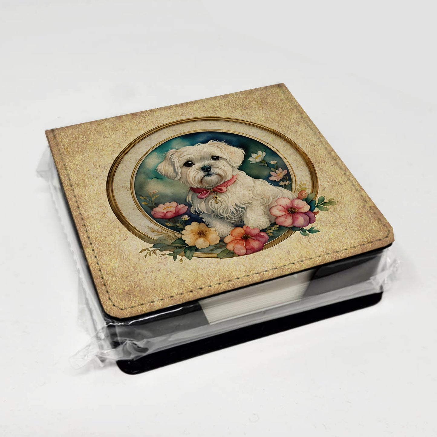 Maltese and Flowers PU Leather Note Paper Holder