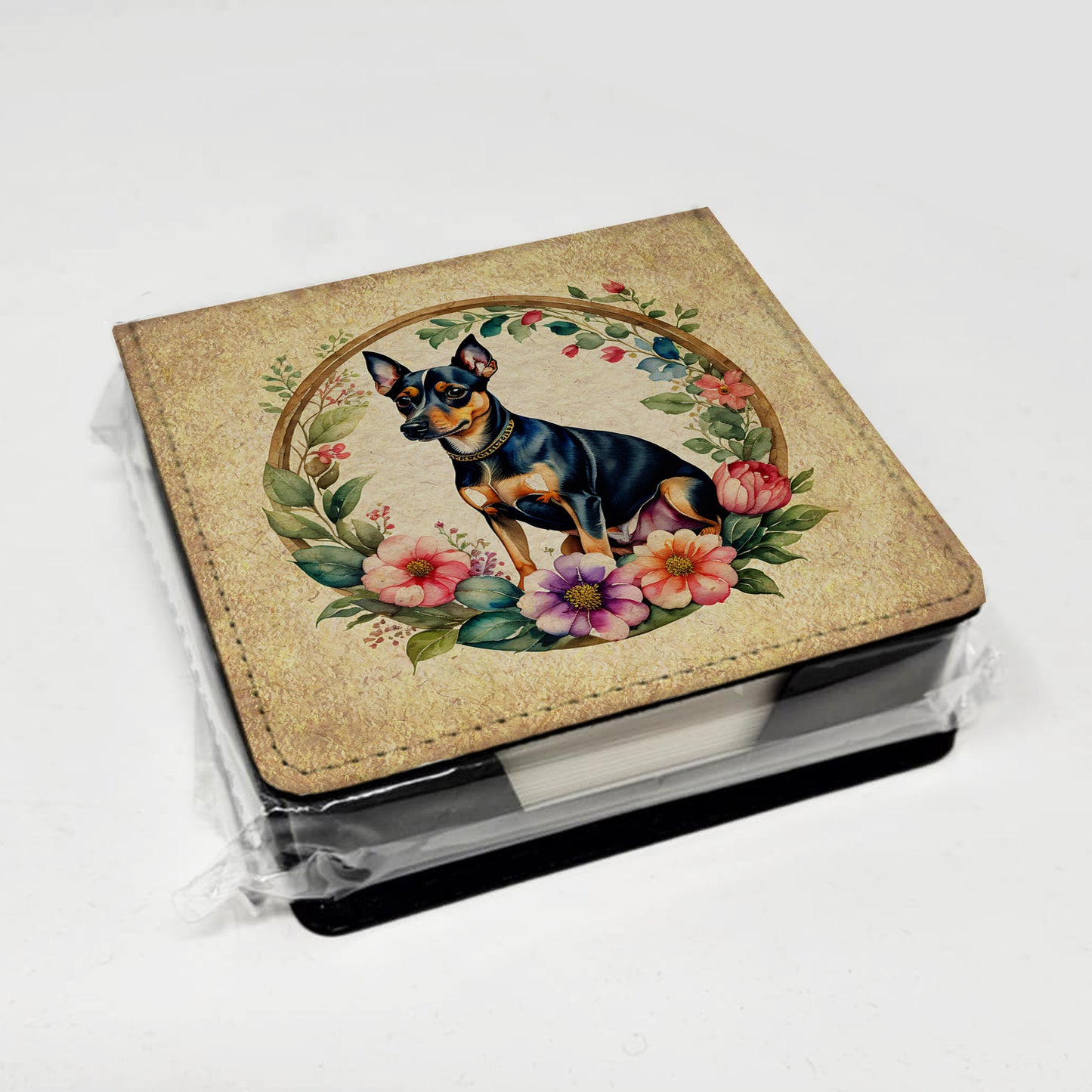 Miniature Pinscher and Flowers PU Leather Note Paper Holder