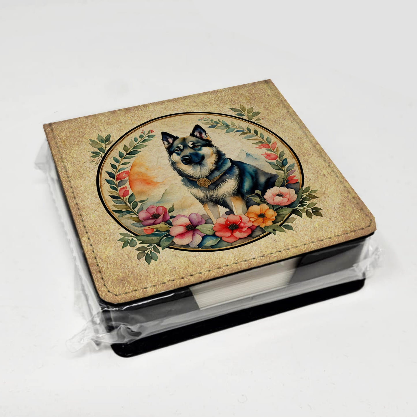 Norwegian Elkhound and Flowers PU Leather Note Paper Holder