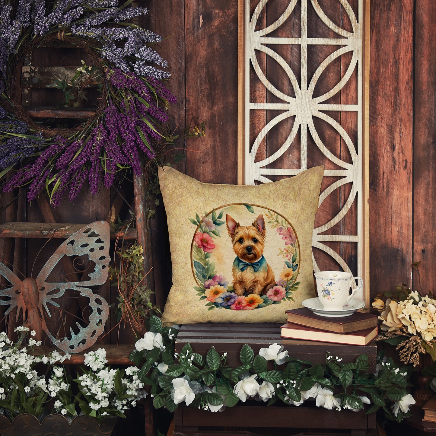 Norwich Terrier and Flowers Throw Pillow