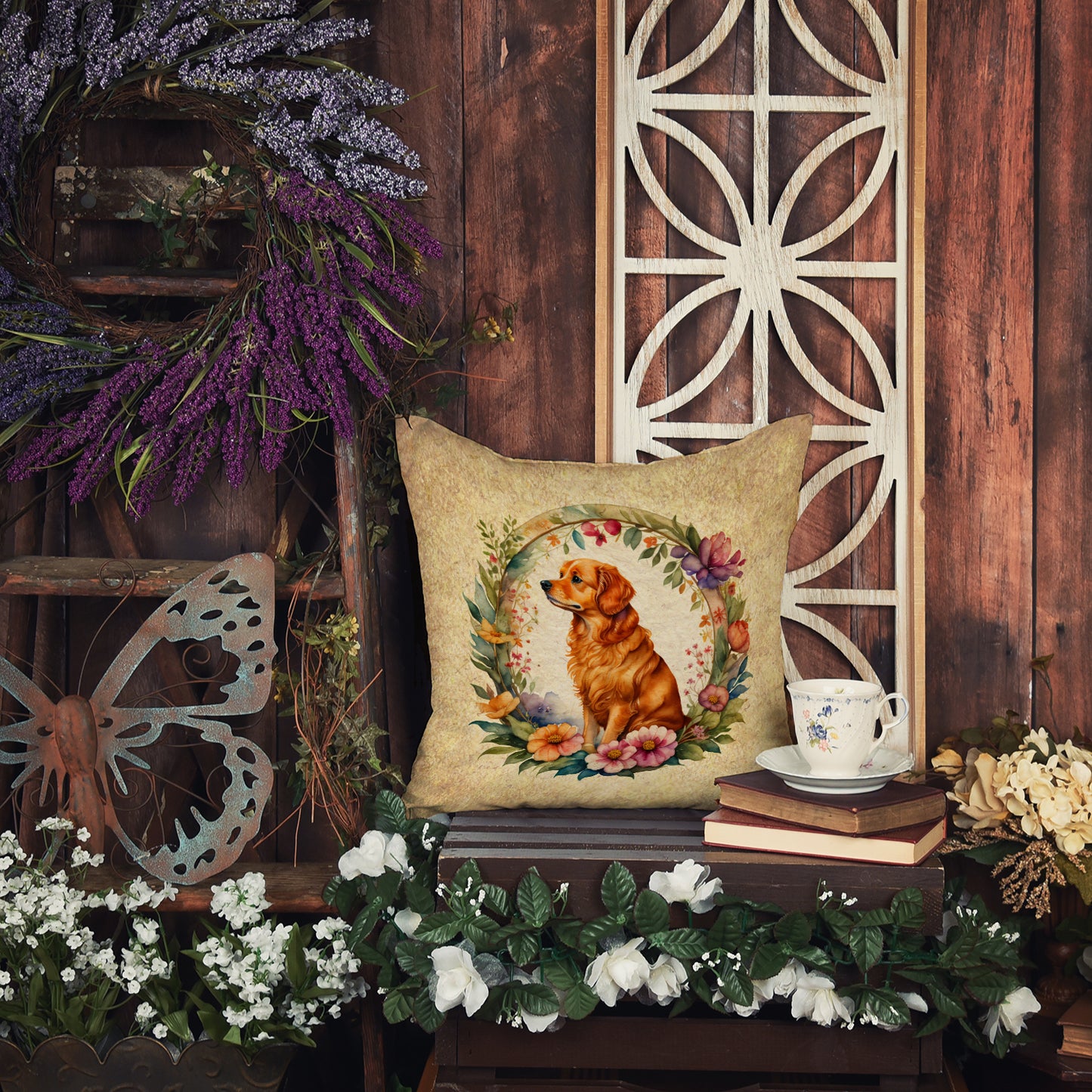 Nova Scotia Duck Tolling Retriever and Flowers Throw Pillow