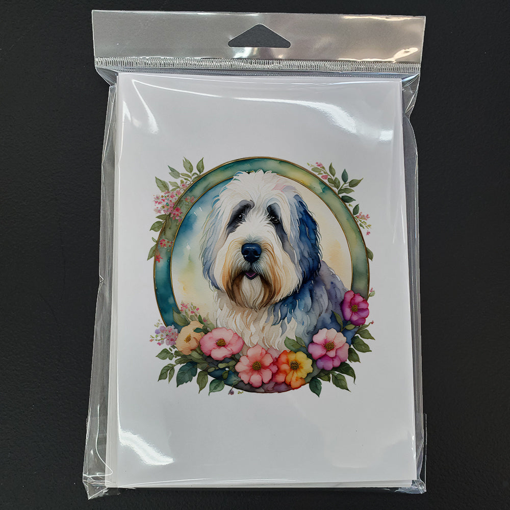 Old English Sheepdog and Flowers Greeting Cards Pack of 8