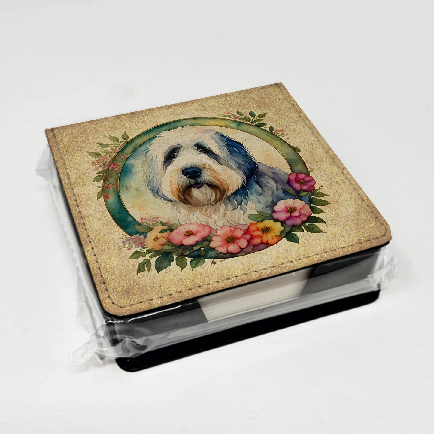 Old English Sheepdog and Flowers PU Leather Note Paper Holder