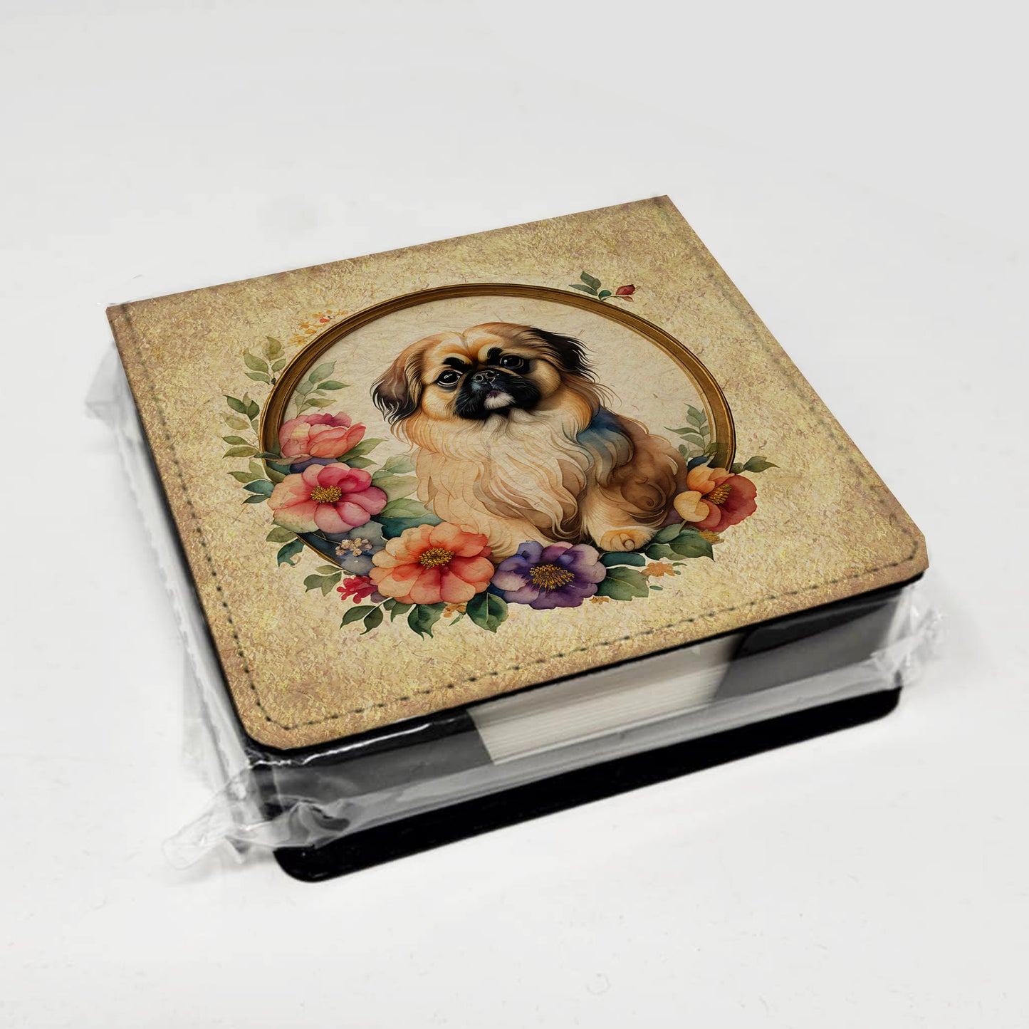 Pekingese and Flowers PU Leather Note Paper Holder