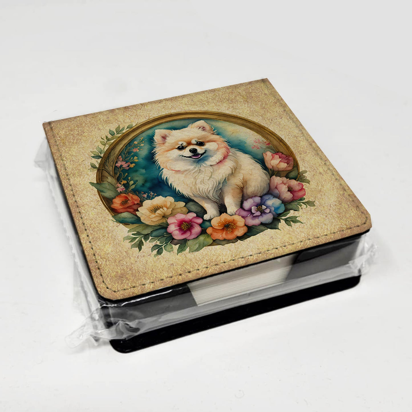 Pomeranian and Flowers PU Leather Note Paper Holder