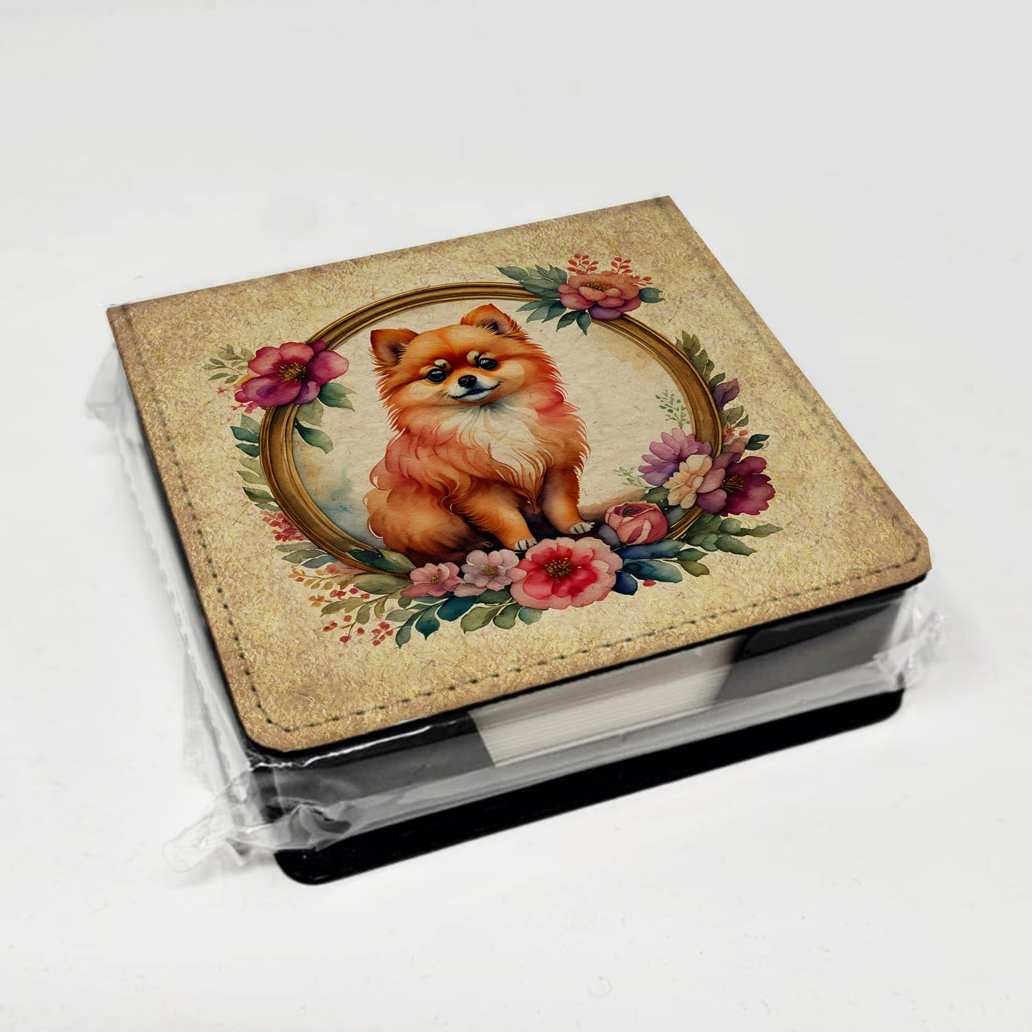 Pomeranian and Flowers PU Leather Note Paper Holder