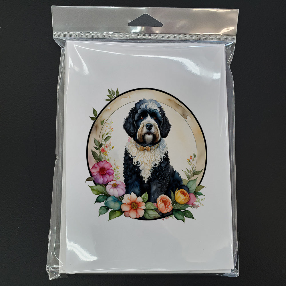 Portuguese Water Dog and Flowers Greeting Cards Pack of 8