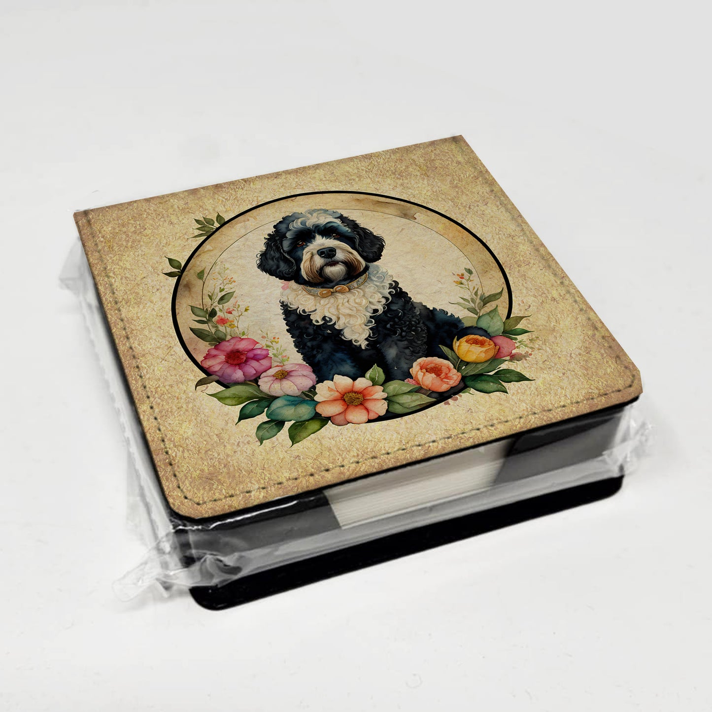 Portuguese Water Dog and Flowers PU Leather Note Paper Holder