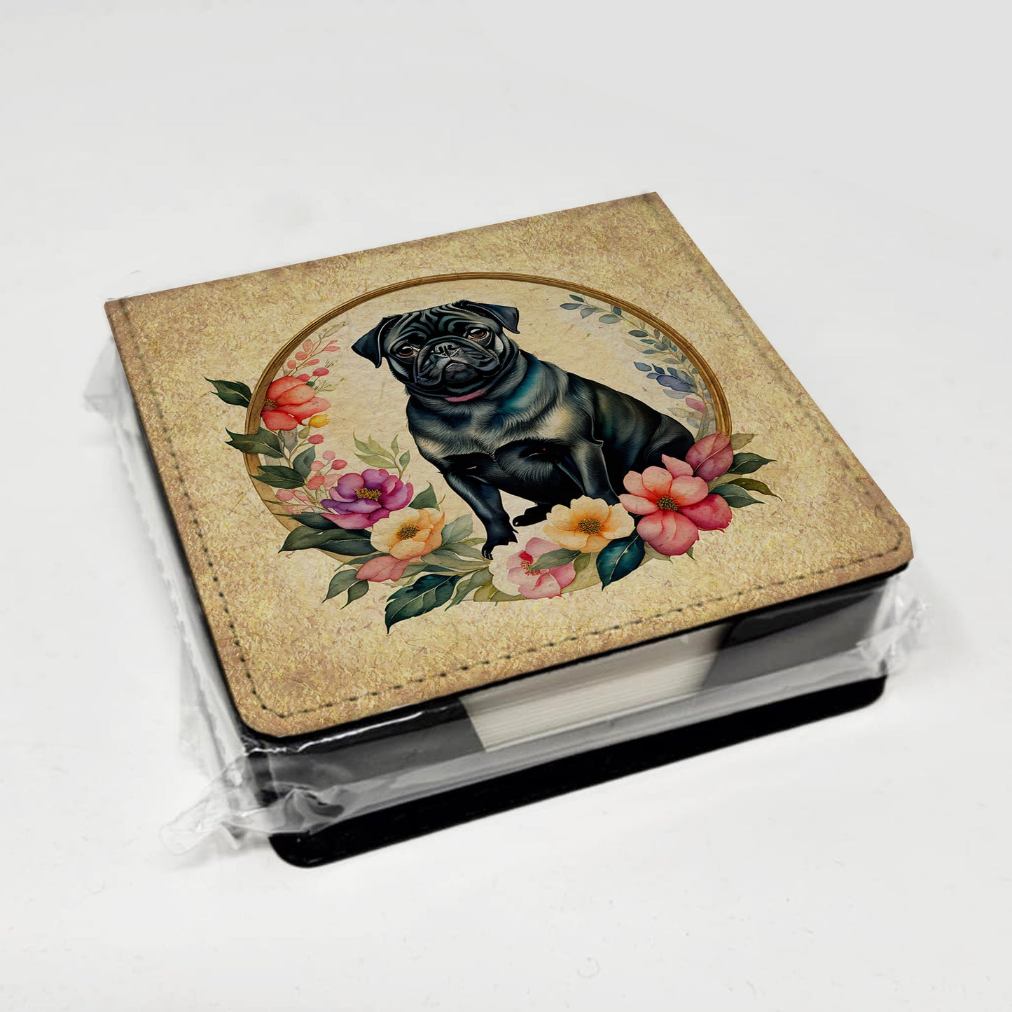 Black Pug and Flowers PU Leather Note Paper Holder