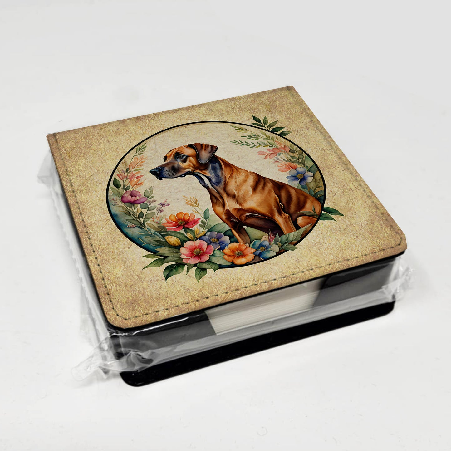 Rhodesian Ridgeback and Flowers PU Leather Note Paper Holder