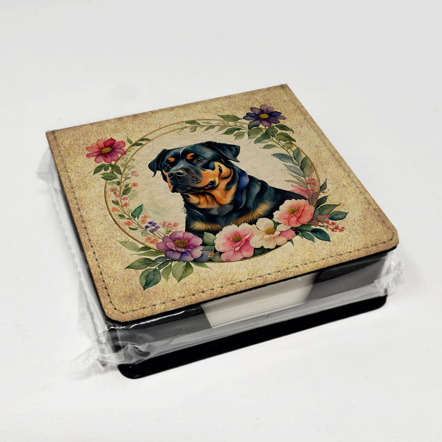 Rottweiler and Flowers PU Leather Note Paper Holder