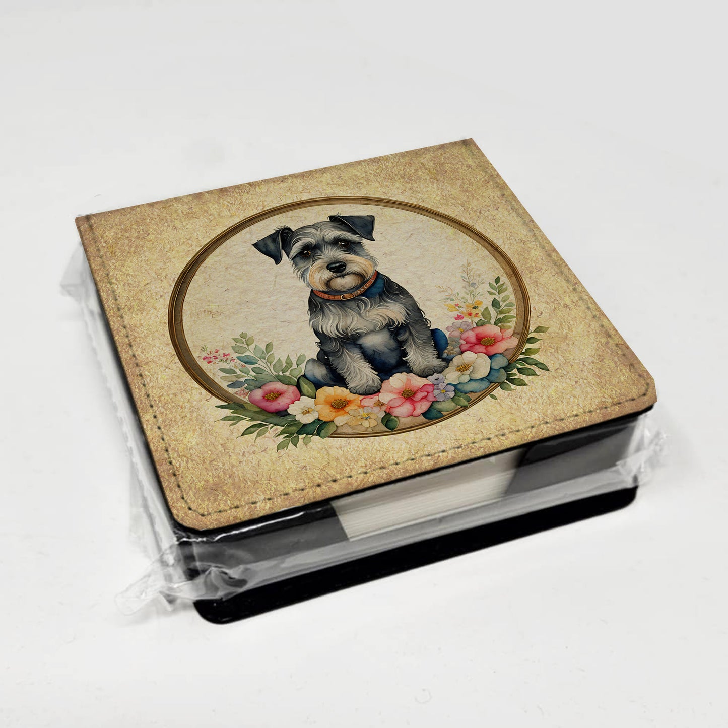 Schnauzer and Flowers PU Leather Note Paper Holder
