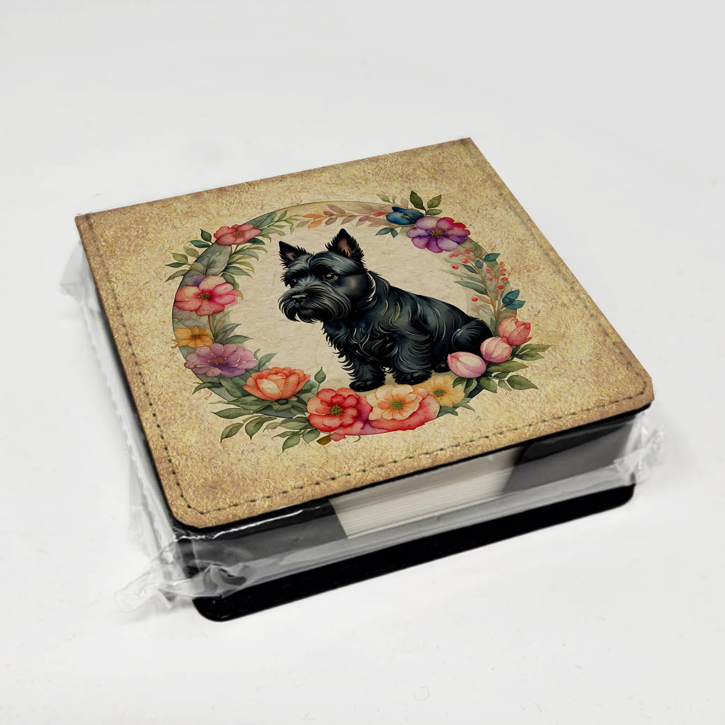 Scottish Terrier and Flowers PU Leather Note Paper Holder
