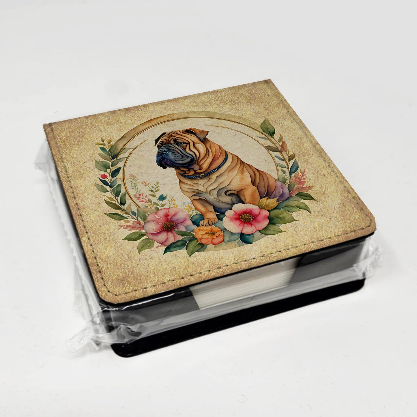 Shar Pei and Flowers PU Leather Note Paper Holder